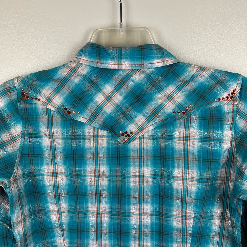 WOMEN’S ARIAT WESTERN SHIRT MEDIUM FITTED PEARL SNAP TEAL METALLIC PLAID STUDDED - Picture 5 of 10